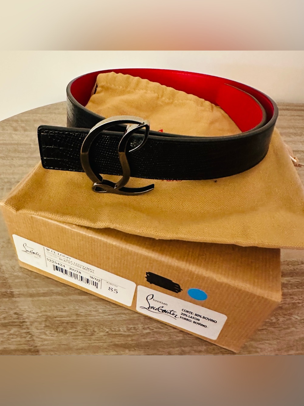 Christian Louboutin Women’s Black Leather Belt with Red Interior. New.
